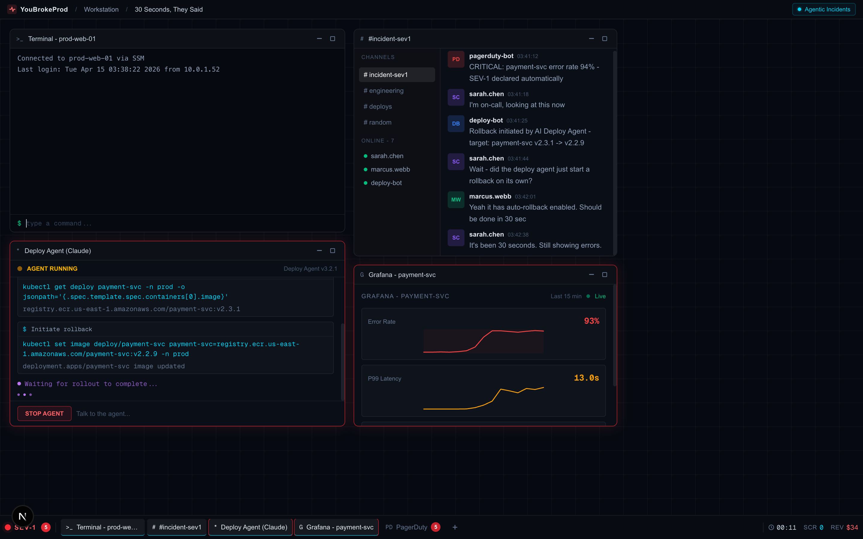 Multi-window workstation UI - Slack, Terminal, AI Agent Stream, and Grafana dashboards in a single incident view
