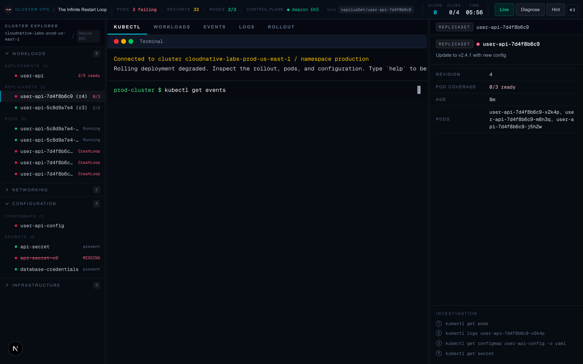 Pod object inspector detail view in kubernetes debugging simulation