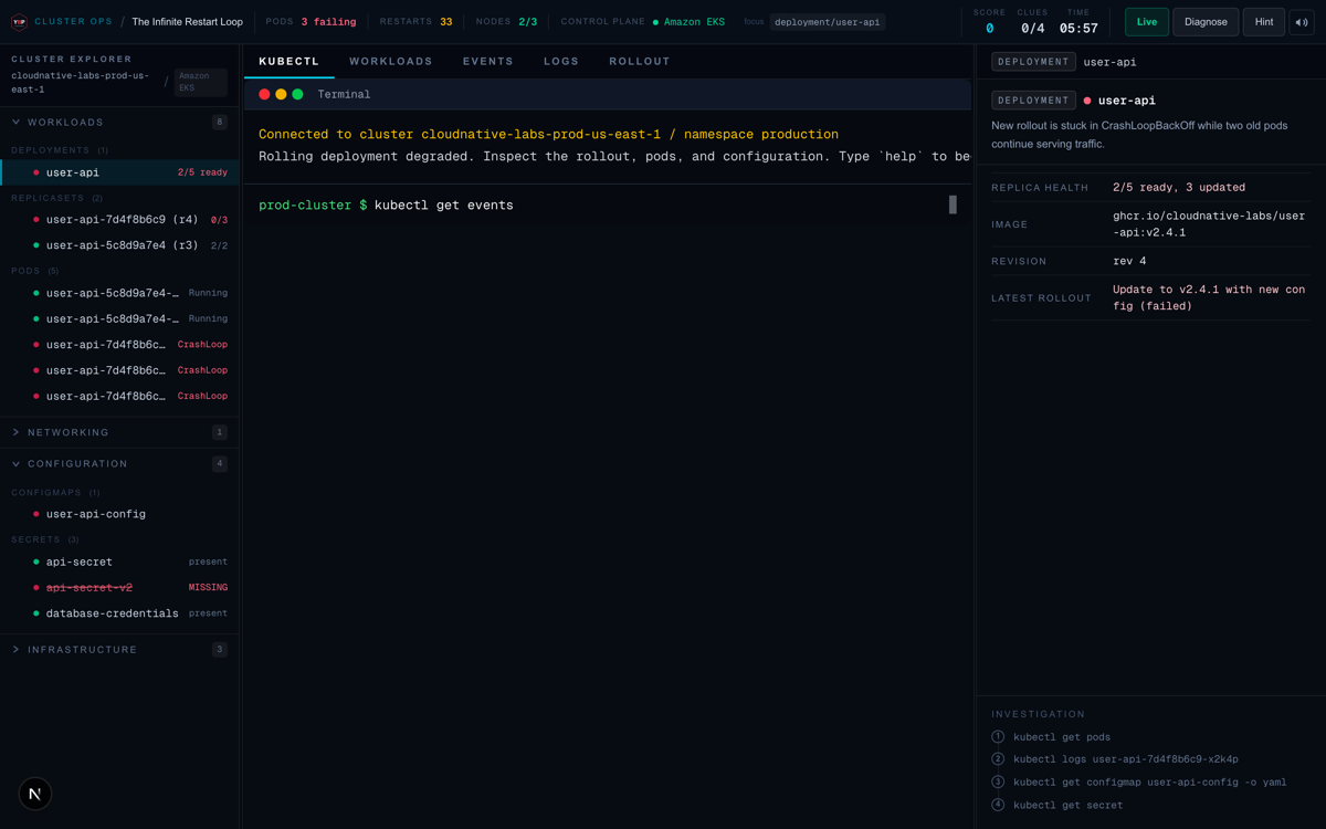 Realistic kubectl output in kubernetes debugging simulation